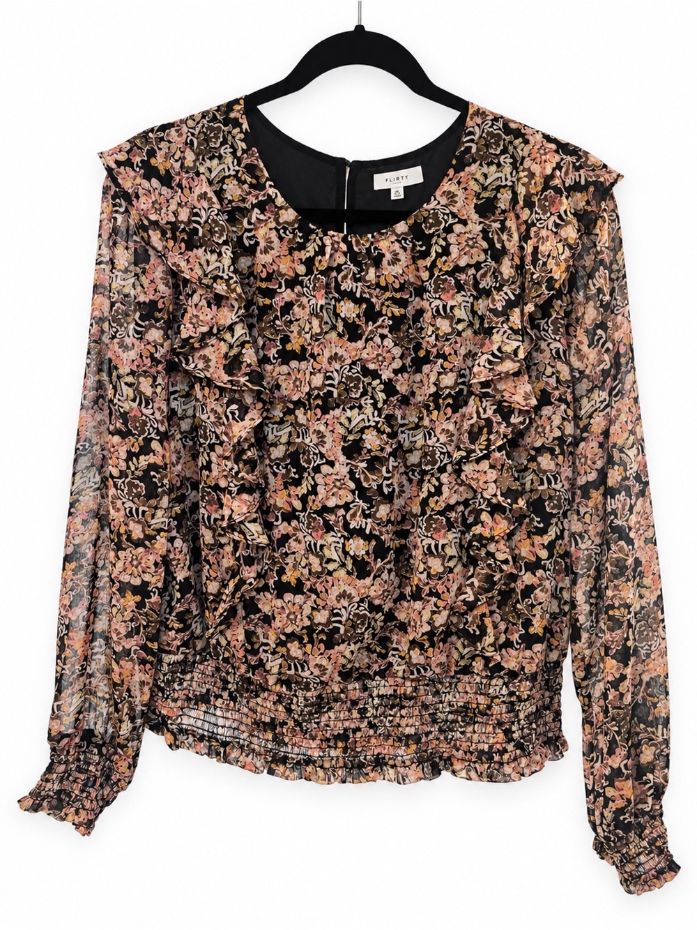 Pleione Black Floral Ruffle Blouse with Pink Accents